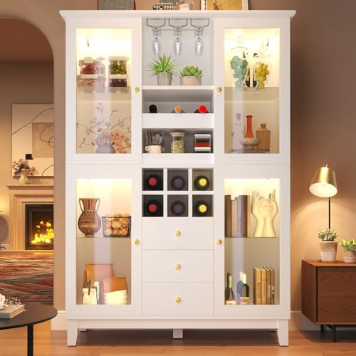 Sweiko Armoire de Rangement avec 3 tiroirs, 4 Portes vitrées, Buffet avec Porte-Verres et Porte-Bouteilles, Meuble de Rangement pour Cuisine, Salle à Manger, Salon