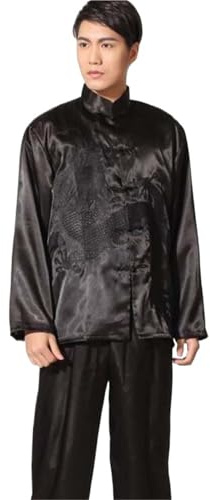 TRRYUIP Tai Chi Kläder Herr Kung Fu siden pyjamas broderi drake Tang satin pyjamas jacka och byxor, Svart, L