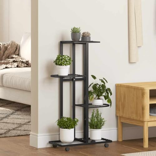 Ordellia Soporte para flores con ruedas, 4 niveles de hierro con recubrimiento en polvo, 44 x 23 x 80 cm, color negro, para balcón, terraza, jardín, salón, pasillo, alféizar de ventana y esquina