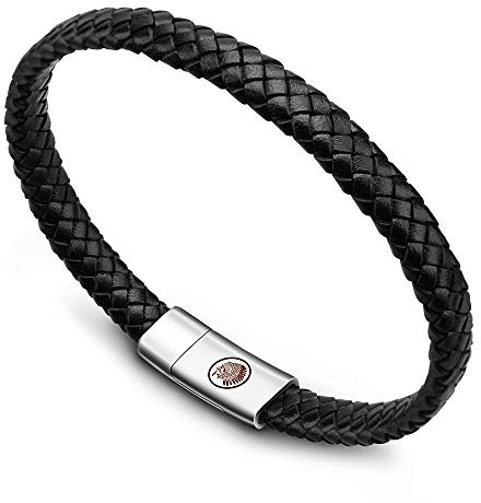 Casisto.J Bracciale pelle uomo - classico bracciale intrecciato a mano nero e marrone magnetica incisa braccialetto uomo con confezione regalo