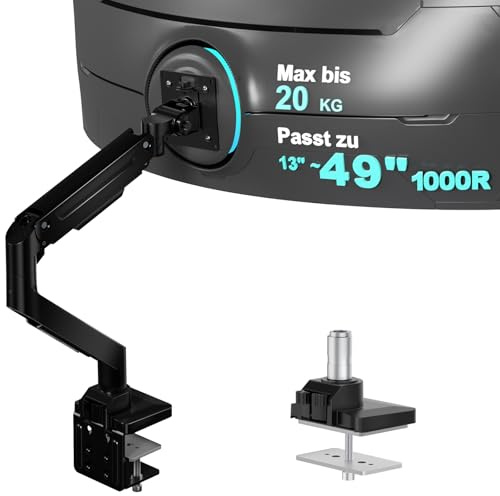 WALI Ultrawide Monitor Arm for 13-49 Inch Heavy Duty Curved Screens, Holds up to 20 kg, Adjustable Single Monitor Desk Mount with C-Clamp, Grommet Base, 75/100mm VESA, (GSM001XL), Black