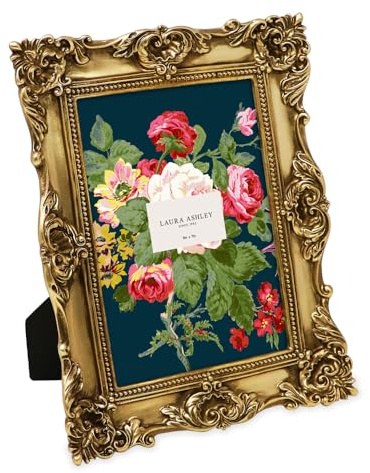 Laura Ashley 5x7 Gold Ornate Textured Hand-Crafted Resin Picture Frame with Easel & Hook for Tabletop & Wall Display, Decorative Floral Design Home Décor, Photo Gallery, Art, More (5x7, Gold)