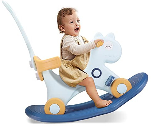 Ancaixin 4 in 1 Rocking Horse for Toddlers 1-3 Years Old, Balance Bike Ride On Toys with Push Handle, Backrest and Balance Board for Baby Girl and Boy, Unicorn Kids Riding Birthday (Blue)