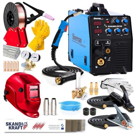 Sherman DUALMIG 210 S4 - Soldador de hilo sin gas y con gas 200 A - MIG, MMA, TIG-LIFT y FLUX - Máquina de soldar con 2T/4T y Inductancia - Antorcha MIG/MAG MB15 (3m) - Set Professional