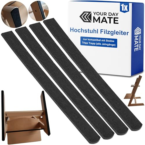 Deslizantes de Fieltro para Trona, 1 Set, Compatible con Trona STOKKE Tripp Trapp, en Negro, para Pegar, tamaño 486 x 22 mm por Pata, Protector de Suelo Autoadhesivo para Silla de bebé