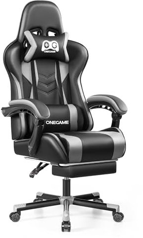 OneGame Gaming Stuhl mit Fußstütze, höhenverstellbar Computer Video Game Stuhl hohe Rückenlehne, ergonomische Home Office Stuhl 150KG-200KG, Grau