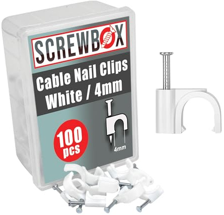 SCREWBOX® Cable Nail Clips, 4 mm 100 Pcs Nail-In Clips, Strong Durable White Round Cable Tacks, Wall Wire Tidy Holder Pins, for wood | concrete | plasterboard