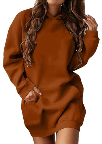 Chanpning Robe Sweat Femme Sweat Long à Capuche Hiver Sweat à Capuche Couleur Unie Long Robe Pull avec Poche Sweat Shirt Casual Manches Longues Robe Sweat Mini Robe