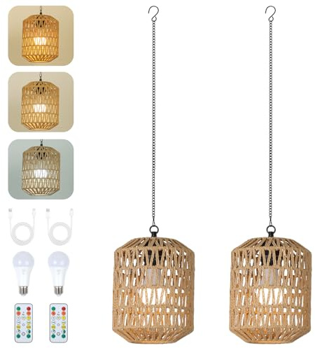 Rayofly 2 Pièces Lampe Suspendue Rechargeable Intérieur, Lampe à Suspendre Boho avec Batterie, Suspension en Rotin sans Alimentation Électrique, Lampes de Jardin Extérieur avec Ampoule & Télécommande