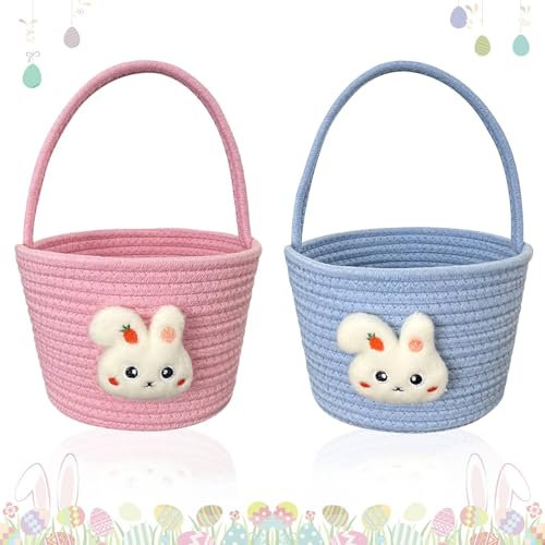 Osterkörbchen 2 Stück, Osterhasenkorb-Set für die Ostereiersuche, Osternester zum Befüllen, Körbchen mit Henkel für Ostereier, Süßigkeiten, Kekse, Schokolade, Rosa+Blau(Cloth bag) (Yarn Basket)