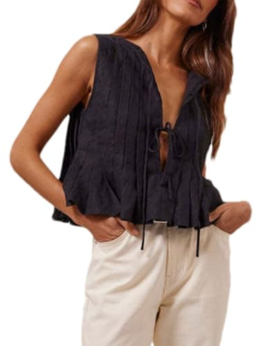 Zontroldy Women's Linen Tie Front Shirts Sleeveless Y2K Babydoll Ruffle Tank Top Aesthetic Clothes