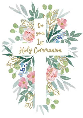 IC&G First Communion Congratulations Card - Holy Communion Congratulations Card with Floral Cross Design and an Embossed Foil Finish