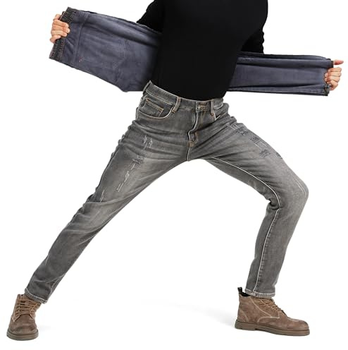 ziilay Jean destroyed doublé pour homme - Jean thermique avec polaire chaud élégant déchiré rapiécé - Denim coupe fuselée ajustée confortable - Streetwear, 32W / 32L