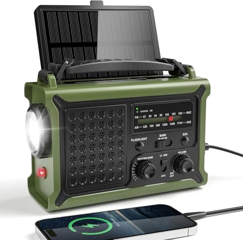 Mesqool Wind Up Radio with Solar & Hand Crank Charging, AM/FM Solar Radio with 12000mAh Rechargeable Battery, 8500mm² Large Solar Panel, 5W Flashlight & 120dB Emergency SOS for Camping, Hiking