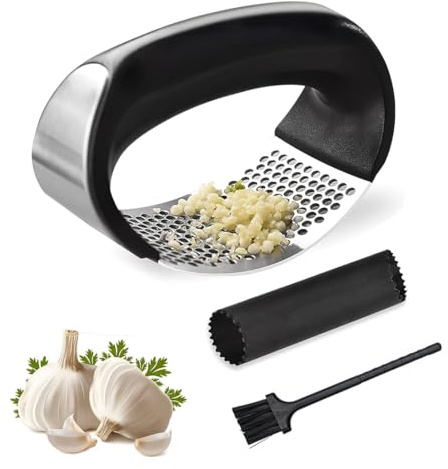 Maven Gifts Garlic Press Rocker, Stainless Steel Garlic Mincer Tool, Easy-Squeeze Garlic Tool with Peeler and Cleaning Brush for Smashing Garlic
