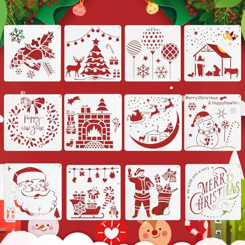 12 Piezas Plantillas de Navidad 13 * 13cm Reutilizable Plantilla de Pintura Navideña Grandes para Dibujo Niños DIY Christmas Stencils Template Scrapbooking Ventana Pared Navidad Decoración Ventana