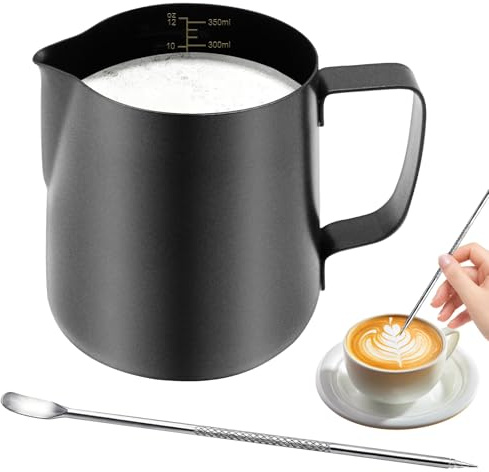 Tbintul 350ml/12oz Edelstahl Milchkännchen, Handheld Milchaufschäumer mit Dekorationsstift & Skala, Milchkanne Barista, Milchkanne Ideale für Espresso, Cappuccino, Latte, Schwarz
