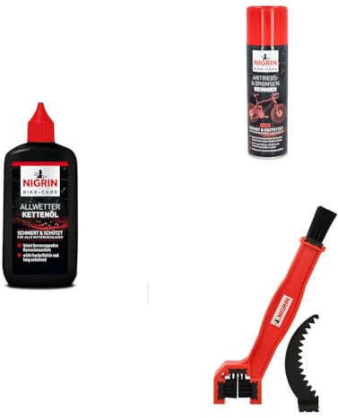 NIGRIN Bike-Care Set: Allwetter-Kettenöl 100 ml + Kettenreiniger 300 ml + 3in1 Kettenreinigungsbürste – für saubere, leichtläufige Fahrradketten und optimale Pflege