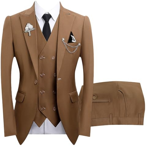 DAIHAN Abito da Uomo 3 Pezzi Completo Eleganti Completo Formale e Slim Fit Blazer Gilet Pantaloni per Matrimonio Cerimonia Lavoro Business Autunno Primavera,Marrone,L