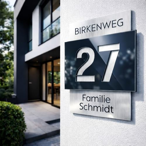 Numero civico Premium | personalizzabile | alluminio composito argento spazzolato e vetro acrilico antracite lucido | effetto 3D | resistente alle intemperie – Made in Germany – H1009