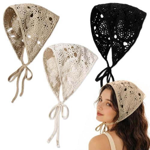 3PCS Crochet Hair Bandanas for Women, Vintage Knit Lace Headband | Boho Floral Triangle Head Scarf, Elastic Knitted Kerchief Hair Accessories for Styling (Beige, Black, Gray)