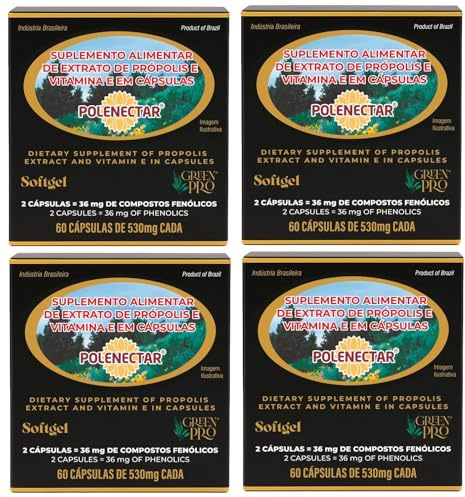 4 Boxes of Polenectar Brazil Green Bee Propolis 300 Milligram (60 Softgels)