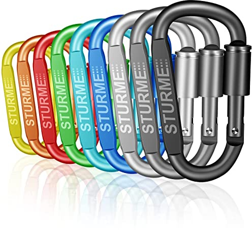 STURME Carabiner Clip Aluminum D-Ring Locking Durable Strong and Light Large Carabiners Clip Set for Outdoor Camping Screw Gate Lock Hooks Spring Link Improved Design Pack (9 Pack)