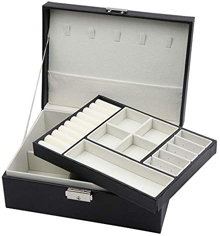 Homeanda Portagioie a 2 strati, in pelle, per donne, ragazze, adolescenti, portagioie, con serratura (Nero)