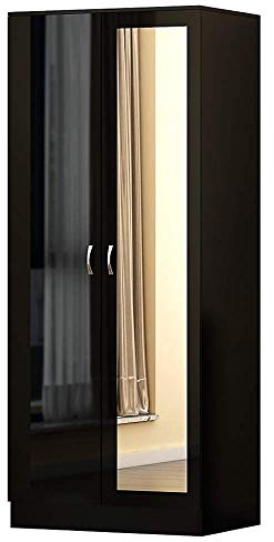 FWStyle Black High Gloss 2 Door Mirrored Wardrobe Modern Bedroom Furniture Matt Black Frame
