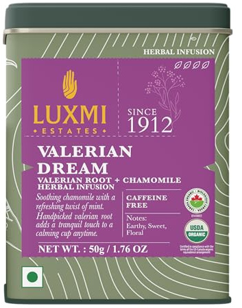 Luxmi Estates Organic Valerian Root, Chamomile, & Lavender Loose Leaf Tea 50g/1.76oz (25 cups) for Sleep | Caffeine Free Wellness Sleep Tea