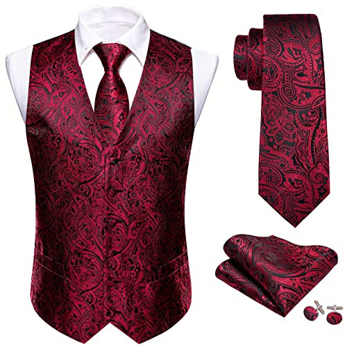 Barry.Wang Herren Paisleymuster Blume Jacquard Seide V-Ausschnitt Anzug Weste und Krawatte Einstecktuch Manschettenknöpfe für Hochzeit Smoking Abschlussball, Rotes Paisley, M