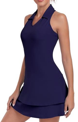 Soneven Robe de Tennis pour Femme avec Pantalon sans Manches avec Fermeture éclair 1/4 - Robe de Sport - Robe d'été - Robe de Golf pour Le Sport, Le Tennis, Le Baseball, Bleu foncé, S