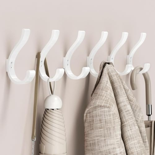 jockcaras Wall Hooks for Hanging Coat/Backpack - 5.4'' Large 40LBS Heavy Duty Hanger Wall Mount Screw in, for Towel, Closet, Robe, Bag, Outdoor, White 6 Pack