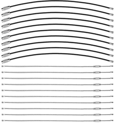 Ieron portachiavi per auto da 15 cm, fune metallica in acciaio inossidabile, può essere utilizzato per portachiavi, etichette per bagagli, torce elettriche, pendenti (10 pezzi neri, 10 pezzi argento)