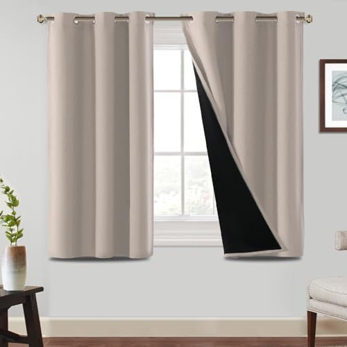 BellaHills 100% Blackout Curtains for Bedroom Thermal Insulated Blackout Curtain Heat and Full Light Blocking Eyelet Curtains for Living Room with Black Liner 2 Panels, 46 x 54 Inch, Natural Sand