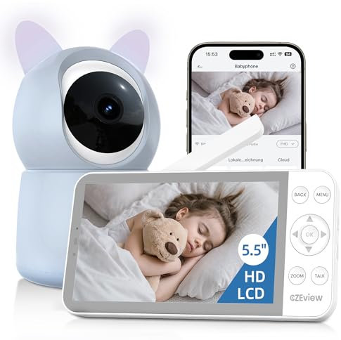 CZEview Babymonitor med kamera och app, 2 K/5,5 tums WLAN-video babyfon, mörkerseende, panilt-zoom, intelligent nattljus, automatisk spårning, temperaturvisning