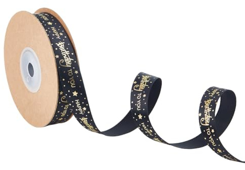 DICOSMETIC Nastri in raso con stampa Happy Birthday, larghezza 15 mm, per fai da te, confezioni regalo, nastro decorativo nero con stampa dorata, per fiocchi e forniture per feste