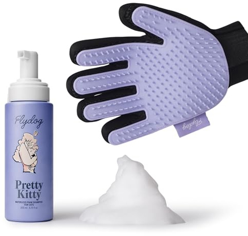 Pretty Kitty Cat Dry Shampoo with Gloves Grooming - No Rinse Cat Shampoo for Cats and Kitten, Soap-Free Waterless Grooming Foam Action for Dry Skin, Detangler, Deshedding, Itchy Skin - Lick-Safe
