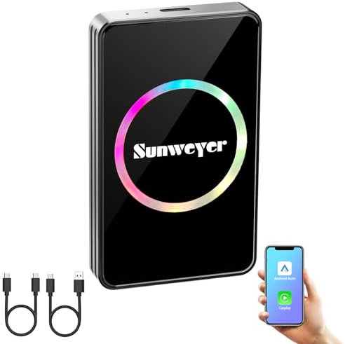 Sunweyer Adaptateur sans Fil CarPlay 2025 Android Auto Streaming Box SW12 avec Netflix, Youtube, Hulu, Installation de l'application – AI Box, Dual WiFi, HDMI, lumière d'ambiance LED (SW12 Pro)