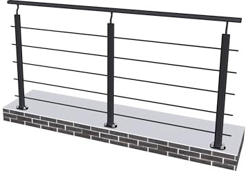 Garde-corps - Aluminium Noir - 2m - Avec 5 traverses et 1 main courante - Pour intérieur et extérieur - Fixation à plat