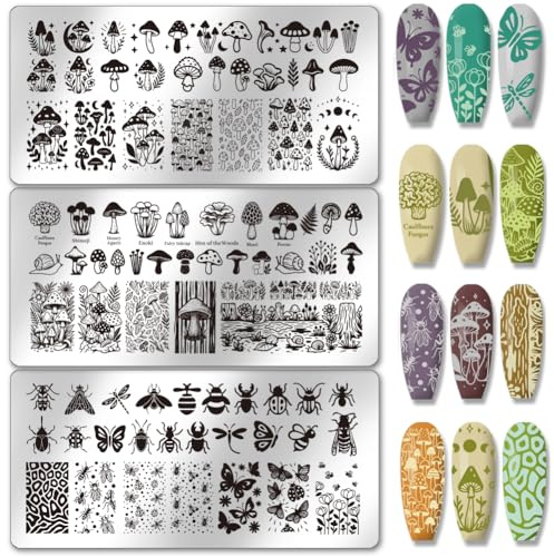 PH PandaHall 3 plantillas de estampado de uñas con diseño de hongos, diseño de insectos, plantillas de arte de uñas, plantas, hojas de manicura, plantillas de arte, mariposas, flores, uñas, placas de