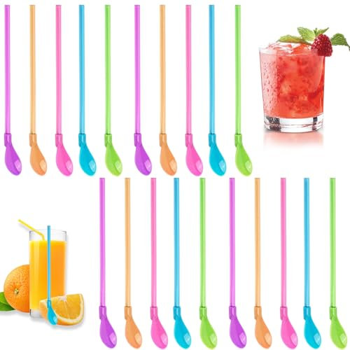 Fonyiunce 20 Pezzi Cannucce di Plastica, Cucchiaio di Paglia Riutilizzabili, 2 in1 Cucchiaio di Paglia, Cannucce Riutilizzabili Bambini, Cannucce Colorate, per Latte, Succhi, Yogurt