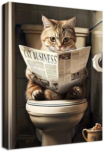 Wooden Framed Canvas Wall Art Funny Cat Bathroom Wall Art Painting on Canvas Prints Poster Kitten Cat Reading the Newspaper on Toilet Pictures for Girls Room Bedroom Kids Room Decor 40x60cm