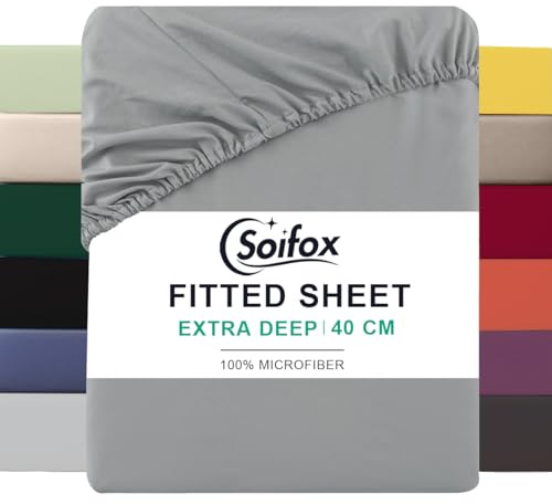Soifox Single Fitted Sheets 40 cm Extra Deep Pocket Grey Bed Sheets 16 inch, Soft Microfiber Bottom Sheet for Single Bed, 90x190cm