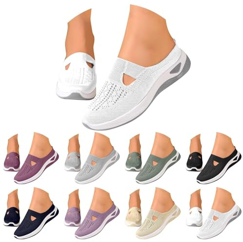Orthopedic Slippers for Women UK Summer Walking Slip On Shoes for Indoor Outdoor Closed Toe Arch Support Mule Sandals Lightweight Breathable Mesh Soft Beach Yoga Backless Trainers