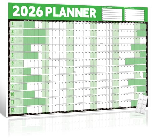 2026 Wall Planner Calendar A1 (84.1x59.4cm) – Large Laminated Year Planner with Stickers, for Office Home School Academic & Business Planning, Green/White, Weekend Highlight