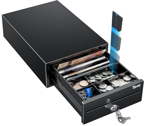 Tera 8 Mini Cash Drawer Register: 208 x 298 x 98 mm 4 Bill 6 Coin Tray with 2 Extra Dividers Auto Open 12V RJ12 Media Slot Point of Sale POS System with 2 Keys Cash Register for Small Business 208