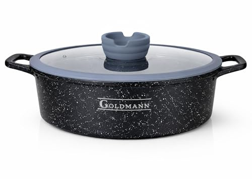 GOLDMANN Casseruola Bassa 28 cm con Coperchio in Vetro, 3.5 L, Alluminio Pressofuso, Rivestimento Antiaderente Effetto Marmo, Adatta a Induzione e Tutti i Piani Cottura, Senza PFOA
