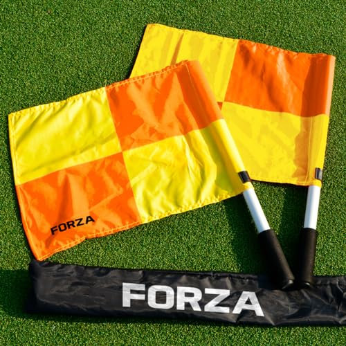 FORZA UEFA Football Linesman Flags - Officials & Referee Equipment | Professional Linesman Flag | Orange & Yellow Chequered Flags + Easy Grip Handle | Carry Bag Included