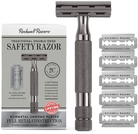 ROCKWELL RAZORS 2C Gunmetal Chrome Double Edge Safety Razor With Adjustable Shave Settings and 5 Fully Recyclable Razor Blades. Reusable Safety Razors for Men and Women